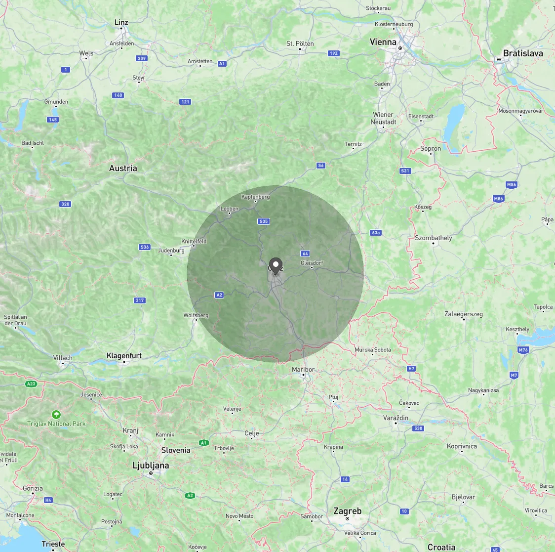 Party 0 location and 50 km threshold (party 1 outside)